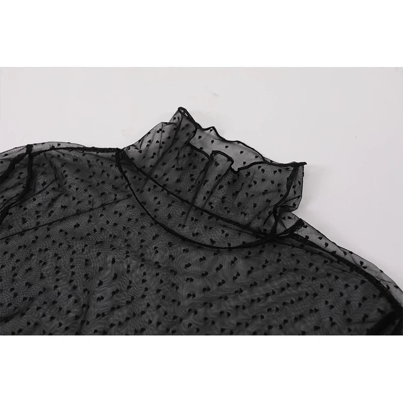 Polka Dot Mesh Ruffle Hem Turtleneck Top