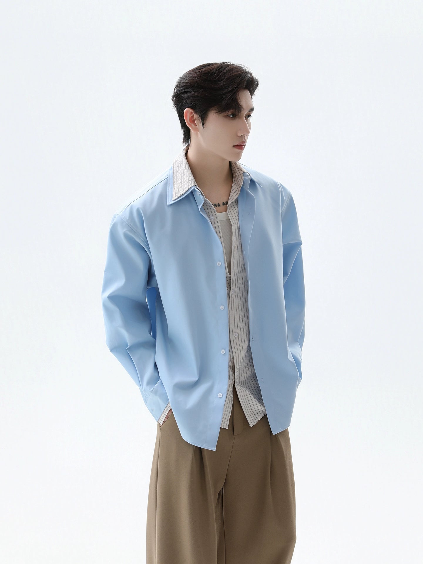 Çift Katmanlı Çizgili Dikişli Rahat Gömlek 