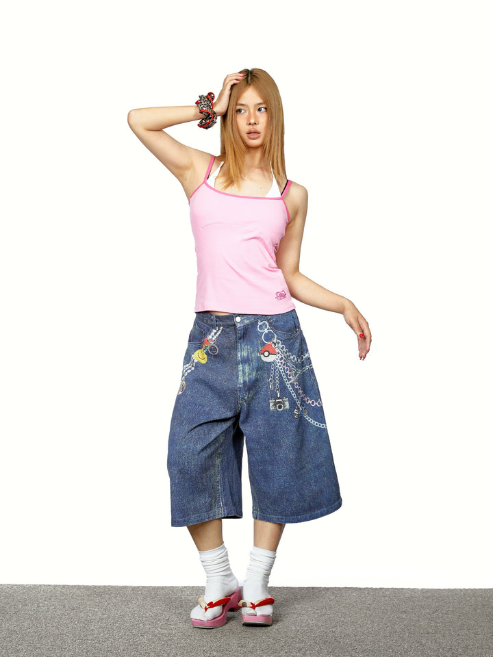3D Chain Print Wide-Leg Denim Pants
