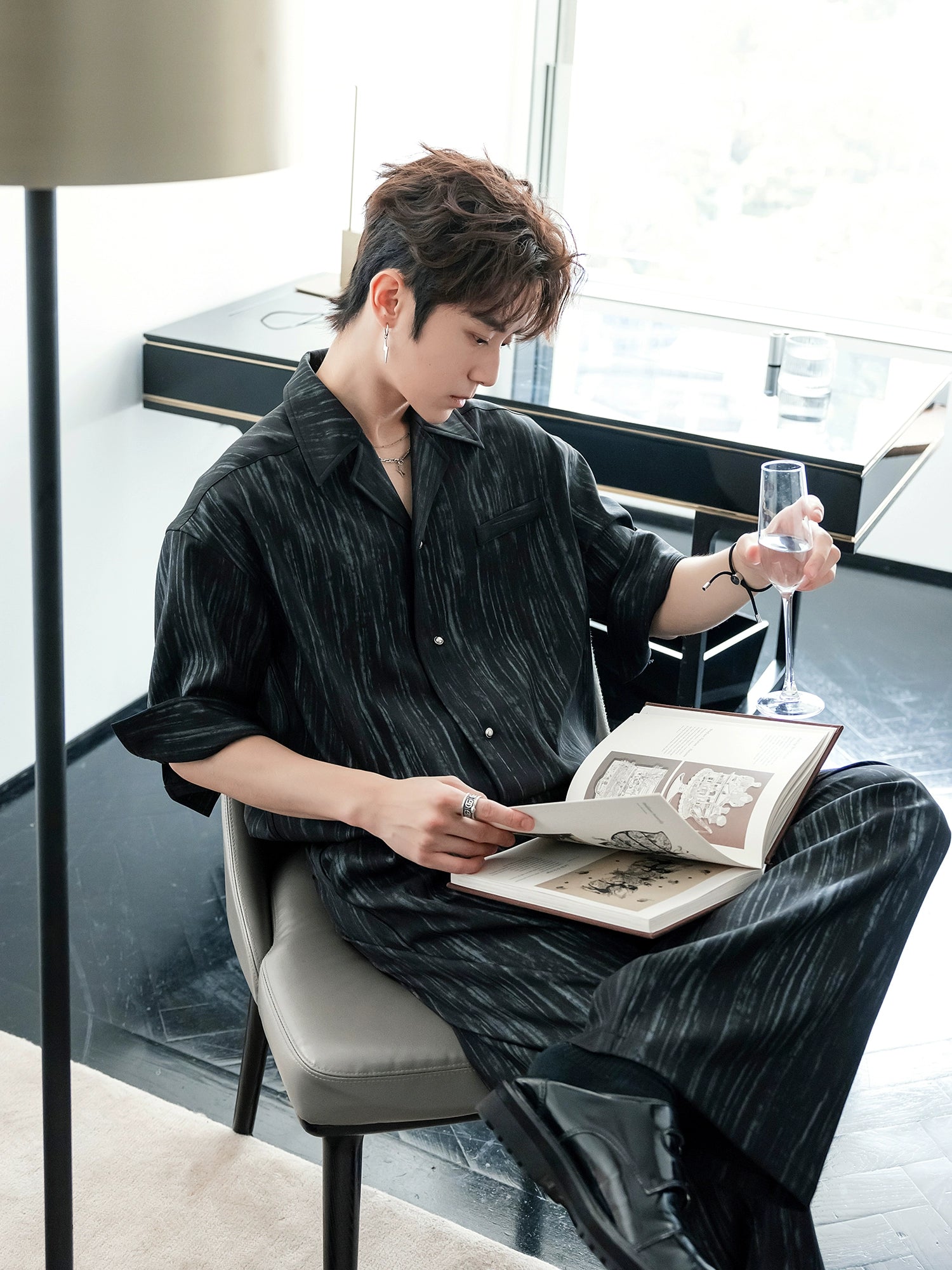 طقم قميص بياقة كوبية ريترو وسروال 