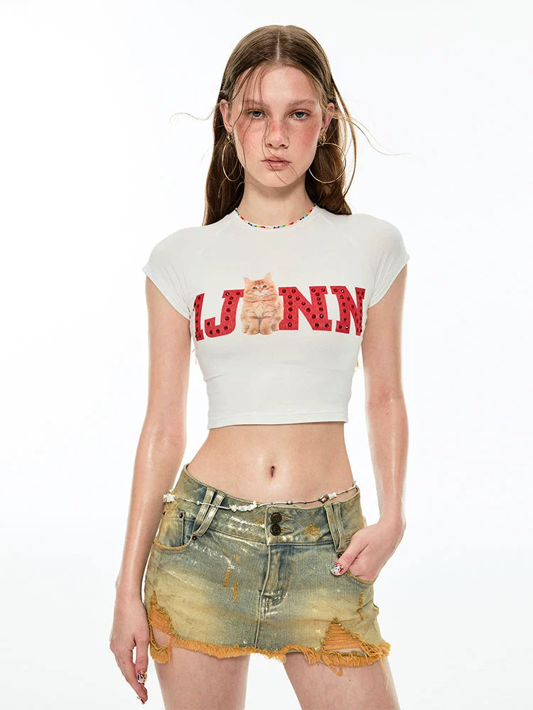 Distressed Denim Low Waist Mini Skirt Pants