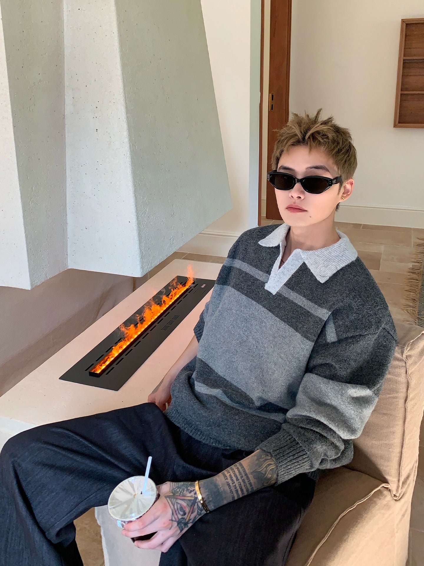 Polo Yaka Yün Örgü Çizgili Kazak 