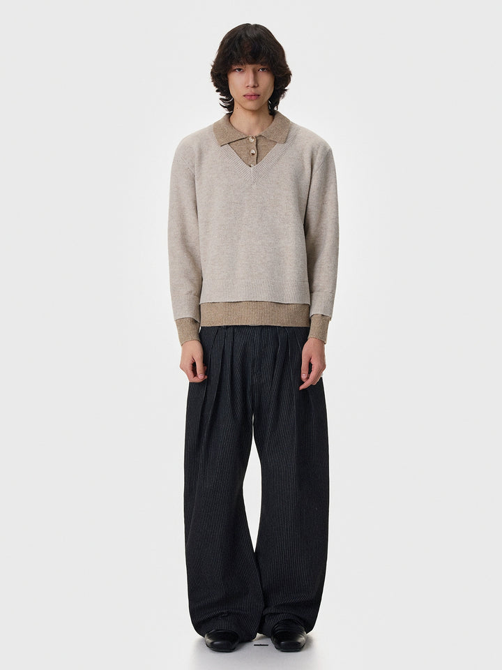 Layered Lapel Trim V-Neck Sweater