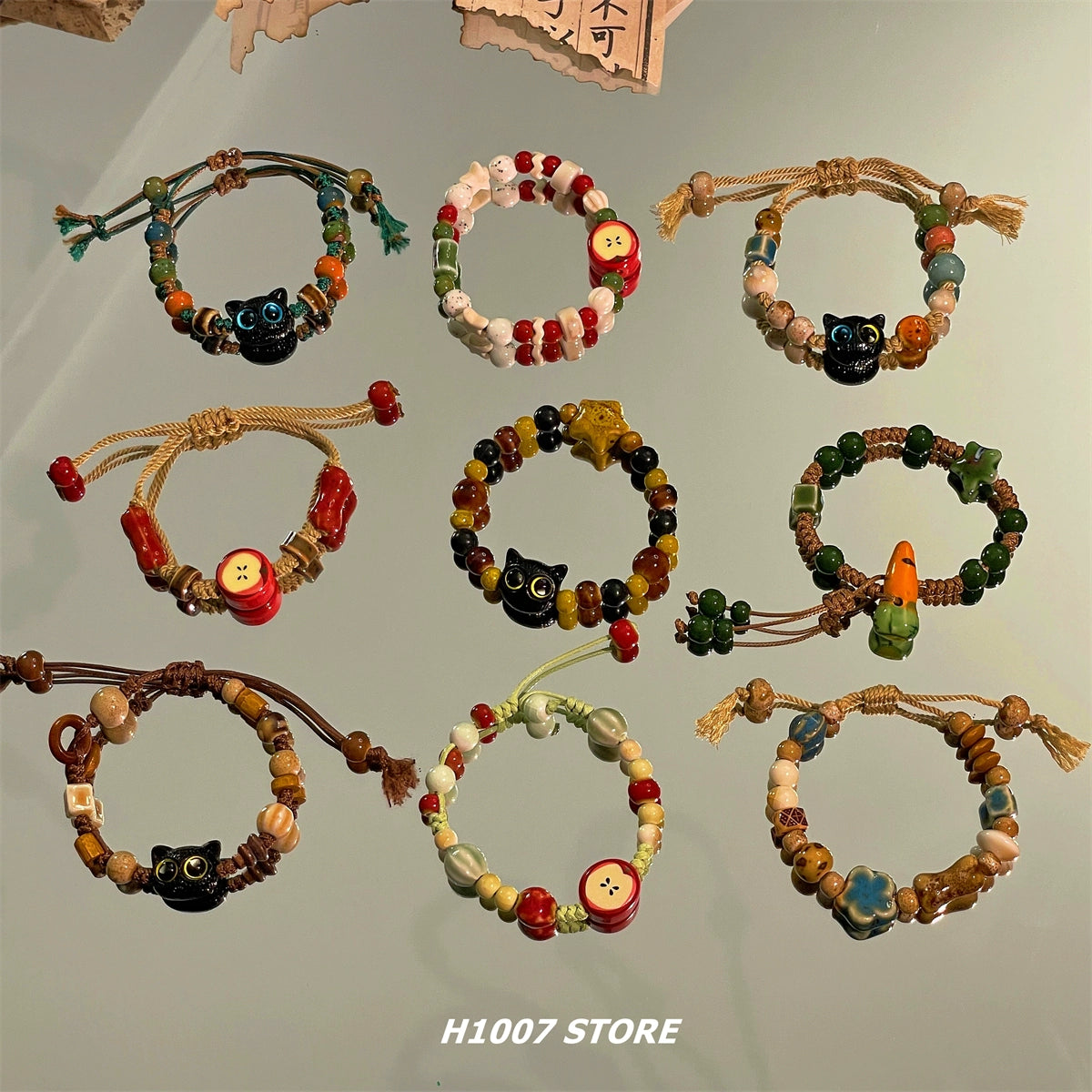 Ceramic Cat Beaded Braided Rope Bracelet