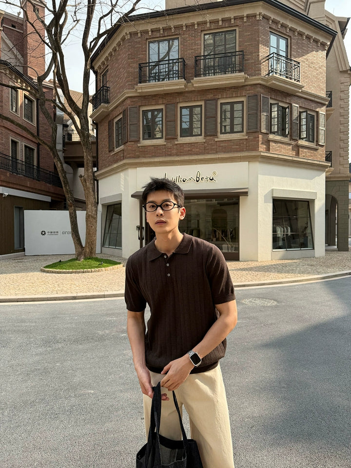 Henley Collar Knitted Short Sleeve Pullover