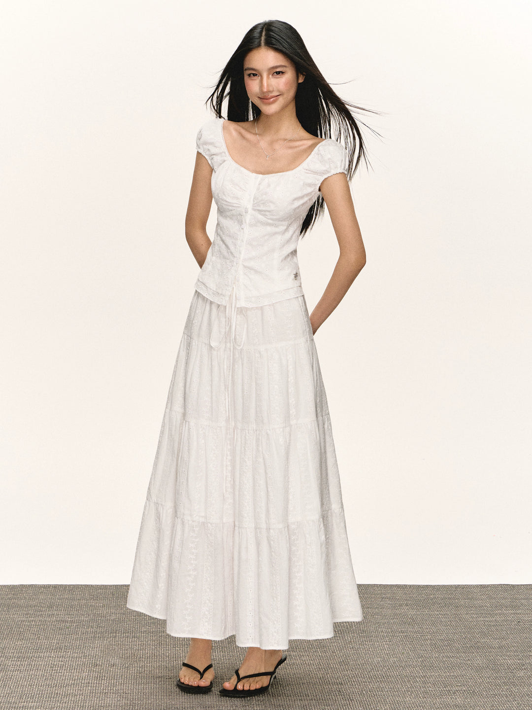 Eyelet Button-Front Short Sleeve Blouse