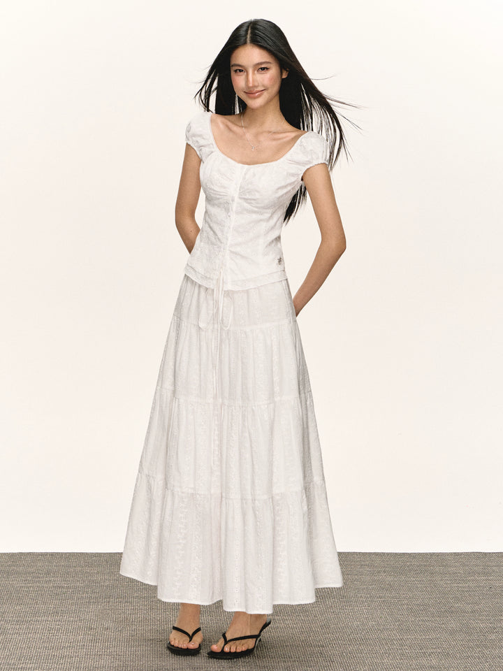 Eyelet Button-Front Short Sleeve Blouse