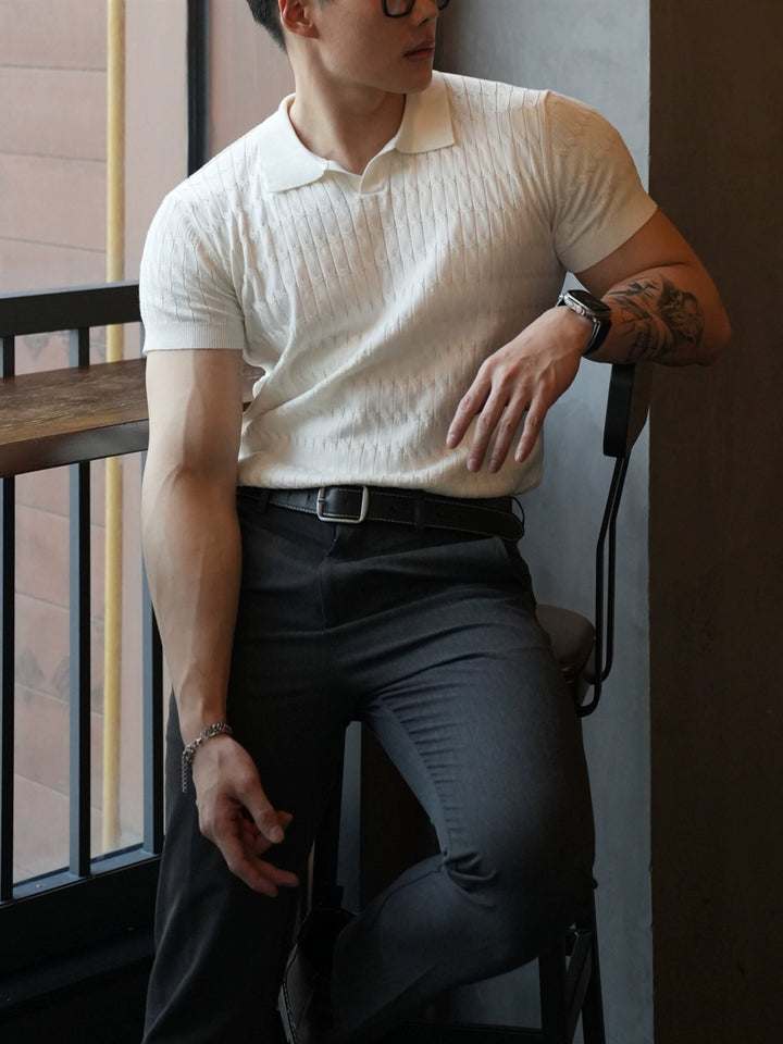 Slim Fit Stickad Polotröja Kort Ärmar 