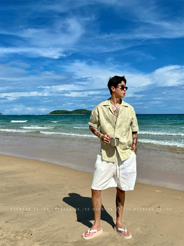 Wrinkled Texture Cuban Collar Short Sleeve Shirt