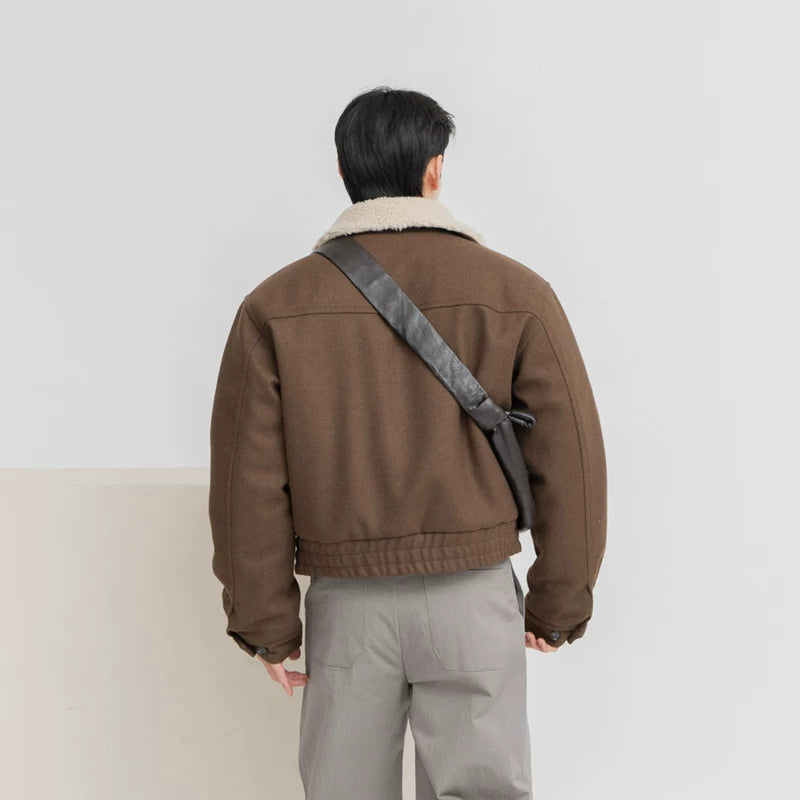 모조 양모 칼라 짧은 울 재킷 