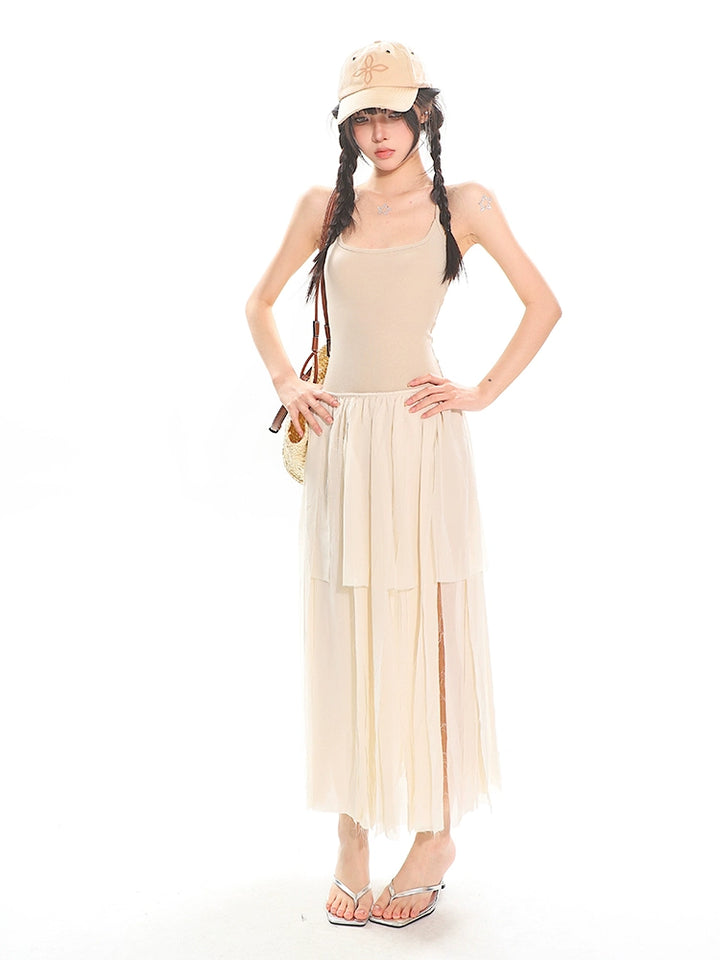 Mesh Splicing I-Shaped Suspender Dress