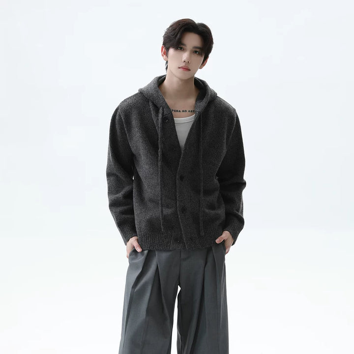 Button Closure Hooded Knit Cardigan