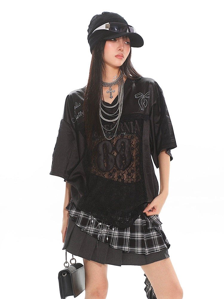 Lace Panel Loose Fit Short Sleeve Top