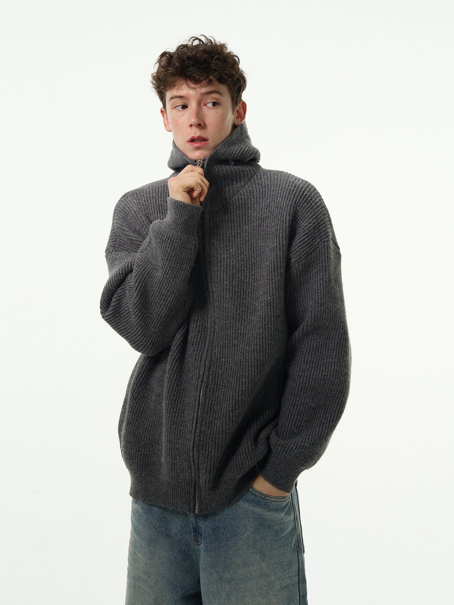 Knit Hooded Zip-Up Sweater Cardigan