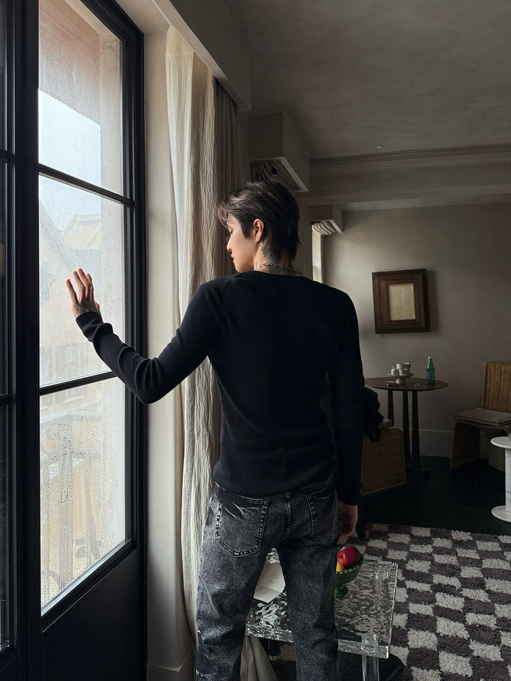 Henley Collar Slim Knitted Pullover