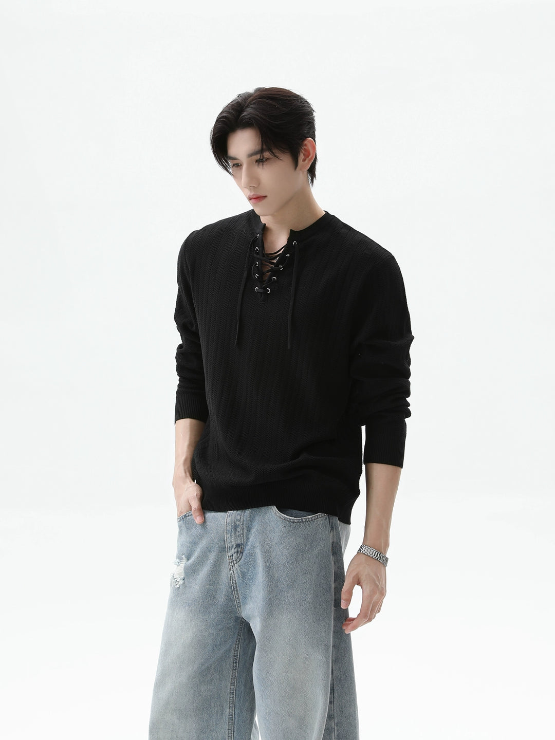 Kordelzug Texturiertes Strick Langarm-Pullover 