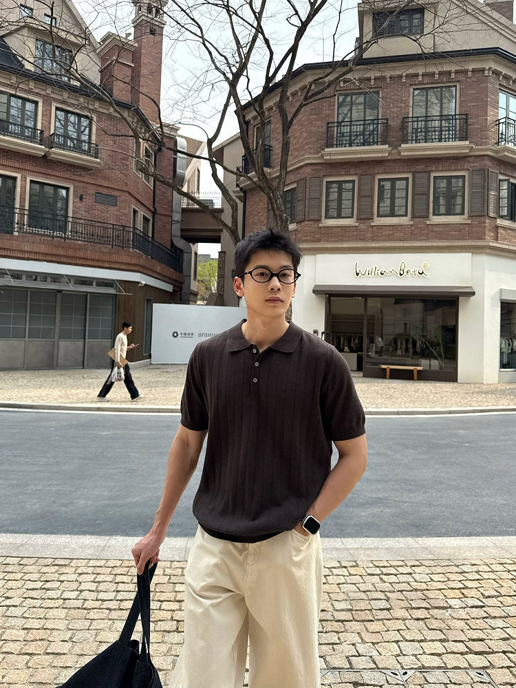 Henley Collar Knitted Short Sleeve Pullover