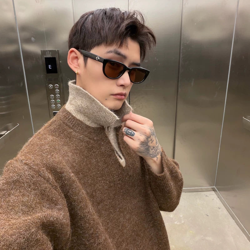 V-hals Pluche Patchwork Losse Brei Trui 