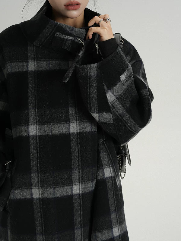 Платье из шерсти с длинным клетчатым пальто и стоячим воротником 