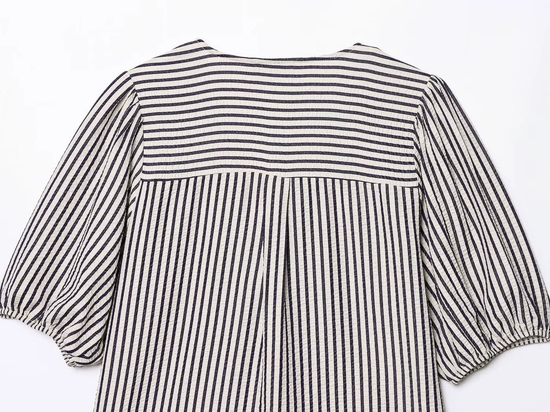 Striped V-Neck Bowknot Short Sleeve Blouse