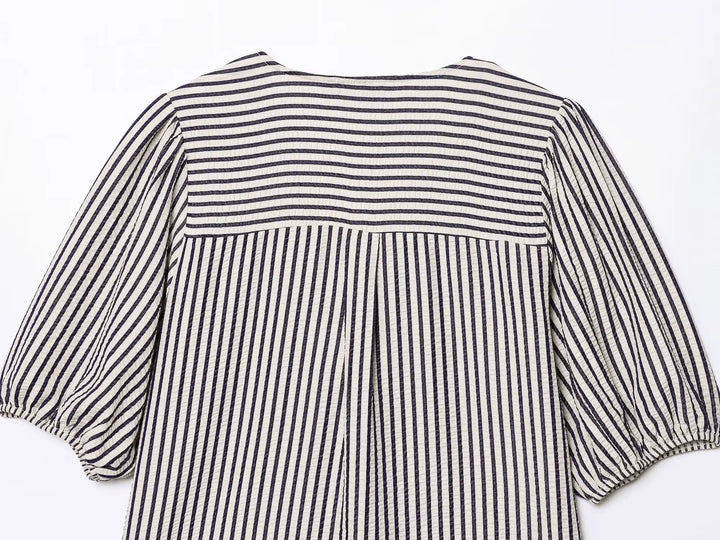 Striped V-Neck Bowknot Short Sleeve Blouse