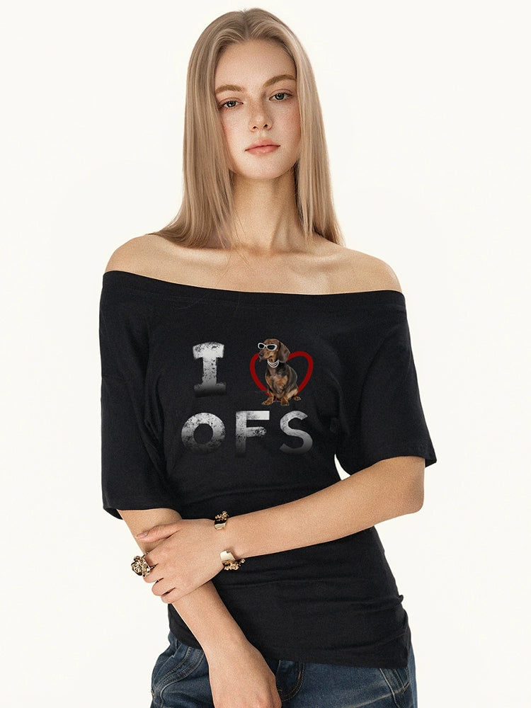 Oblique Shoulder Sausage Dog Print T-shirt