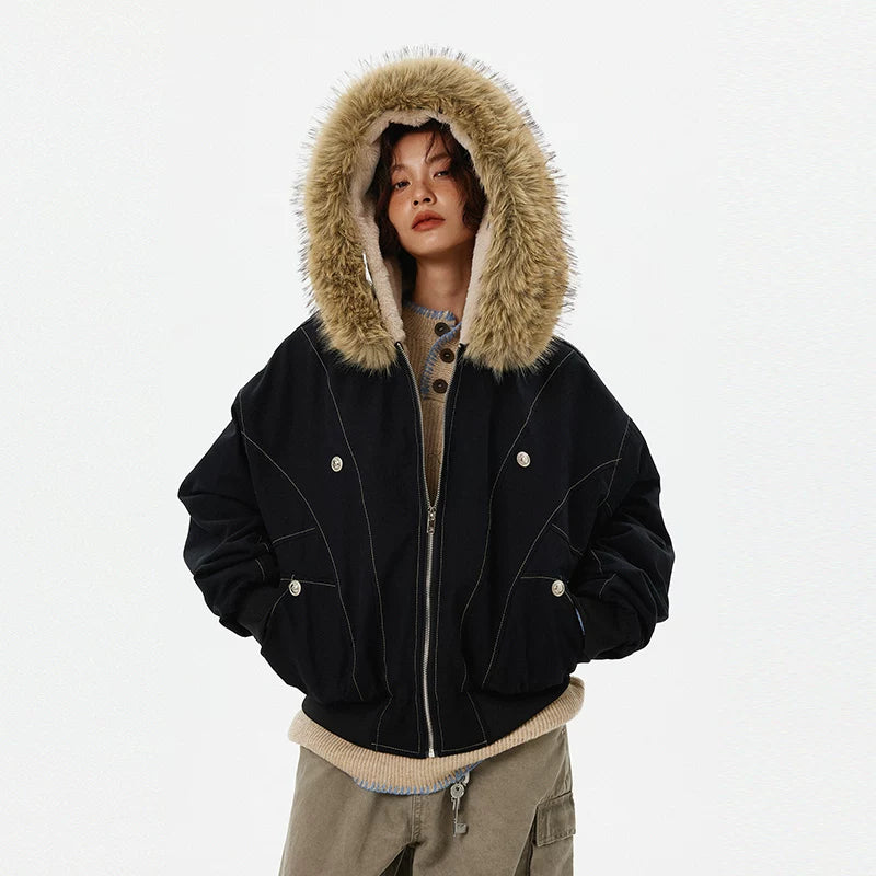 Faux päls huva fleece-fodrad parka jacka 