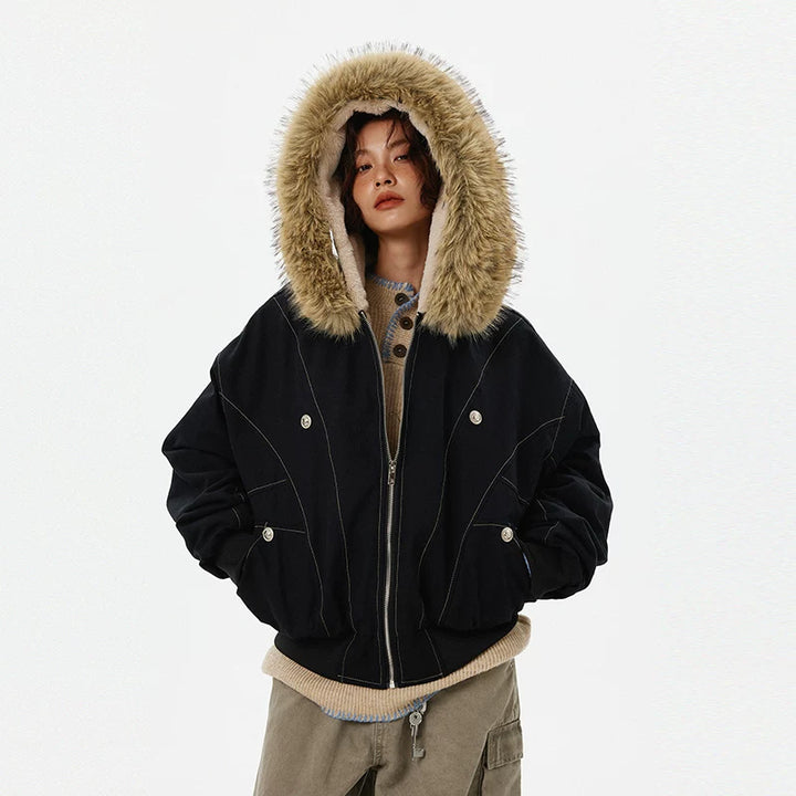Faux päls huva fleece-fodrad parka jacka 