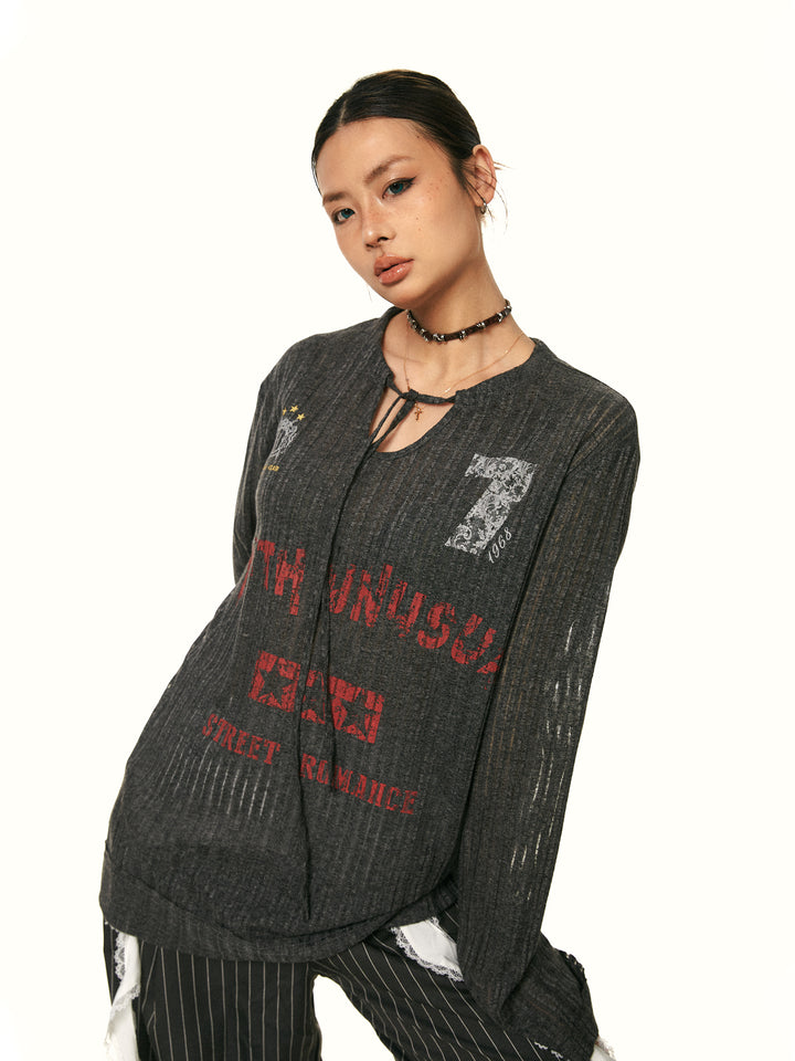 V-Neck Letter Print Knit Blouse