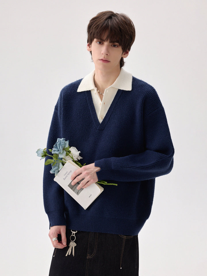 Lapel V-Neck Knit Sweater