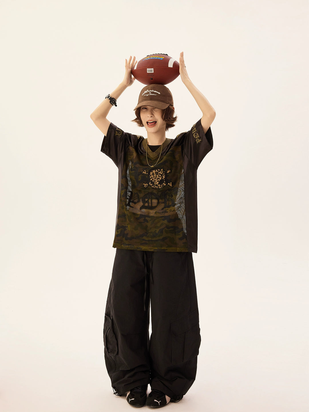Retro Mesh V-Neck Leopard Skull Jersey T-Shirt