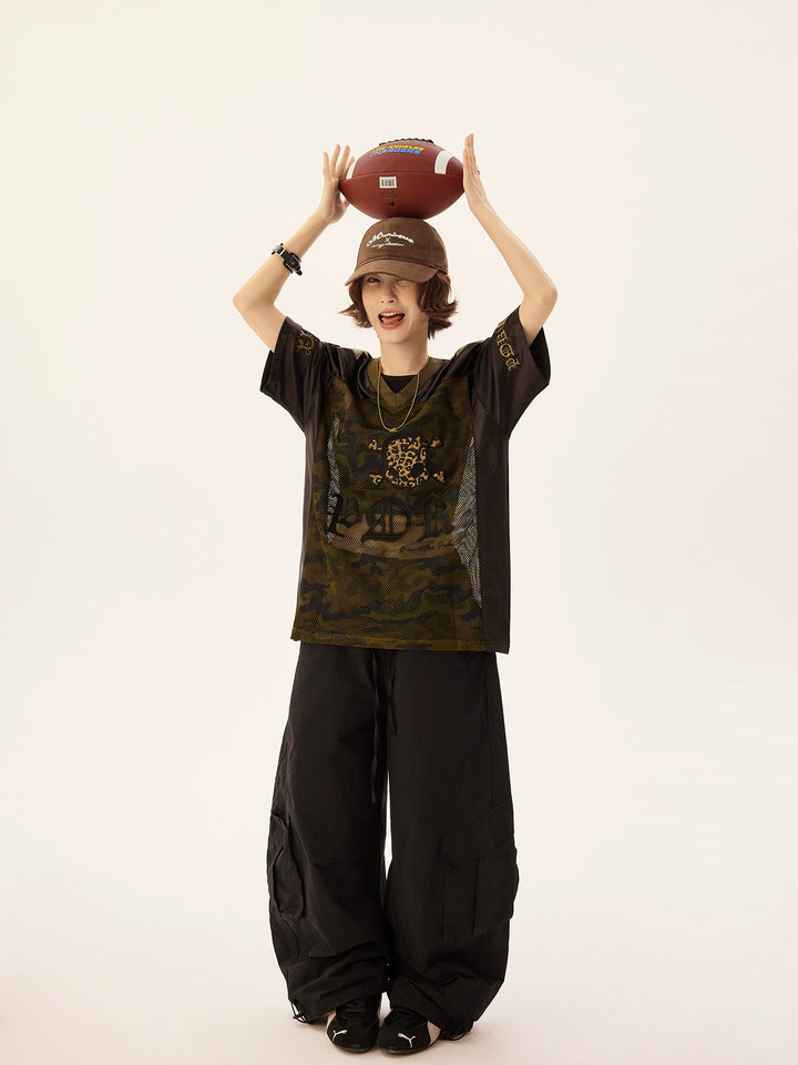 Retro Mesh V-Neck Leopard Skull Jersey T-Shirt