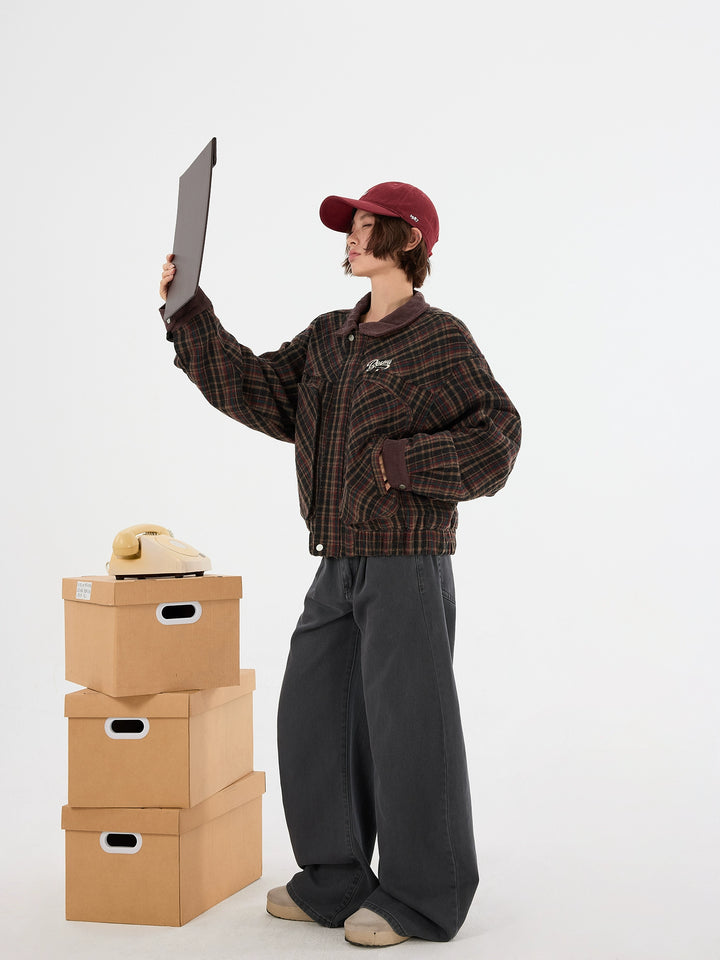 Plaid Wool Work Jacket with Corduroy Collar