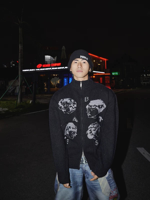 Portrait Jacquard Zip Knit Cardigan