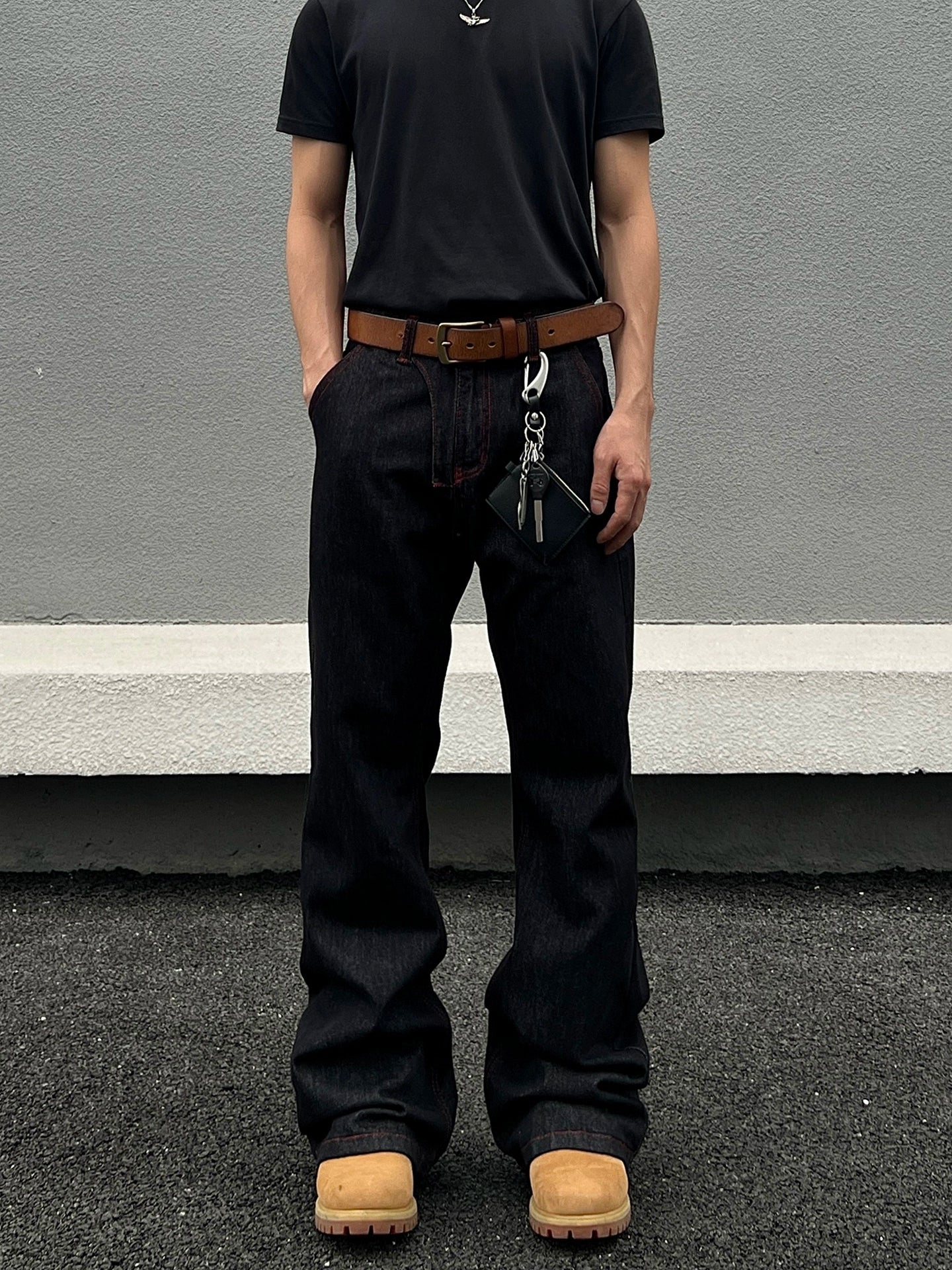 生デニムフレアストレートレッグパンツ 