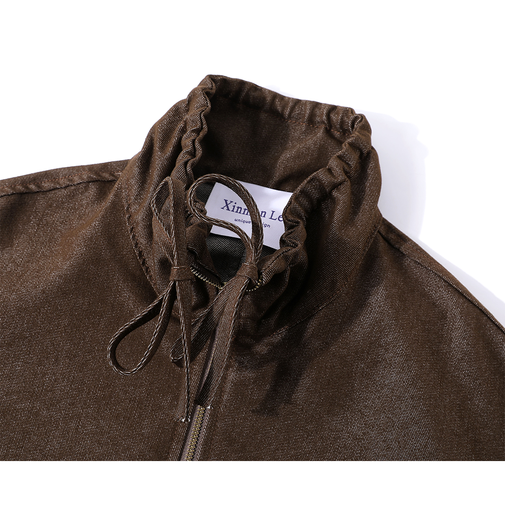 Drawstring Stand Collar Denim Jacket