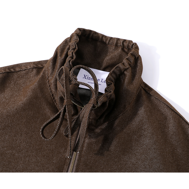 Drawstring Stand Collar Denim Jacket