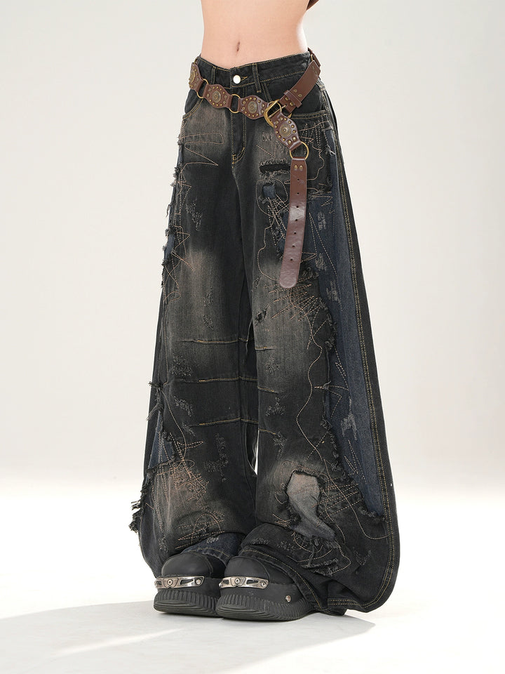 Calças de Jeans Patchwork de Perna Larga Rasgadas 