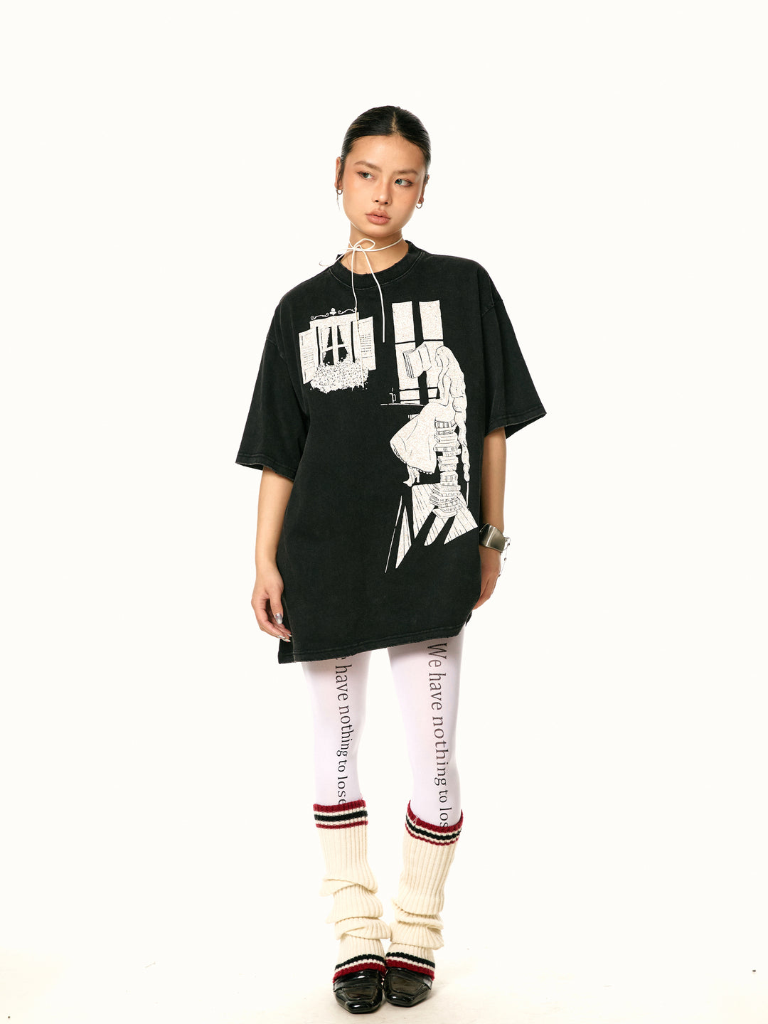 Retro Graphic Oversized Turtleneck T-Shirt