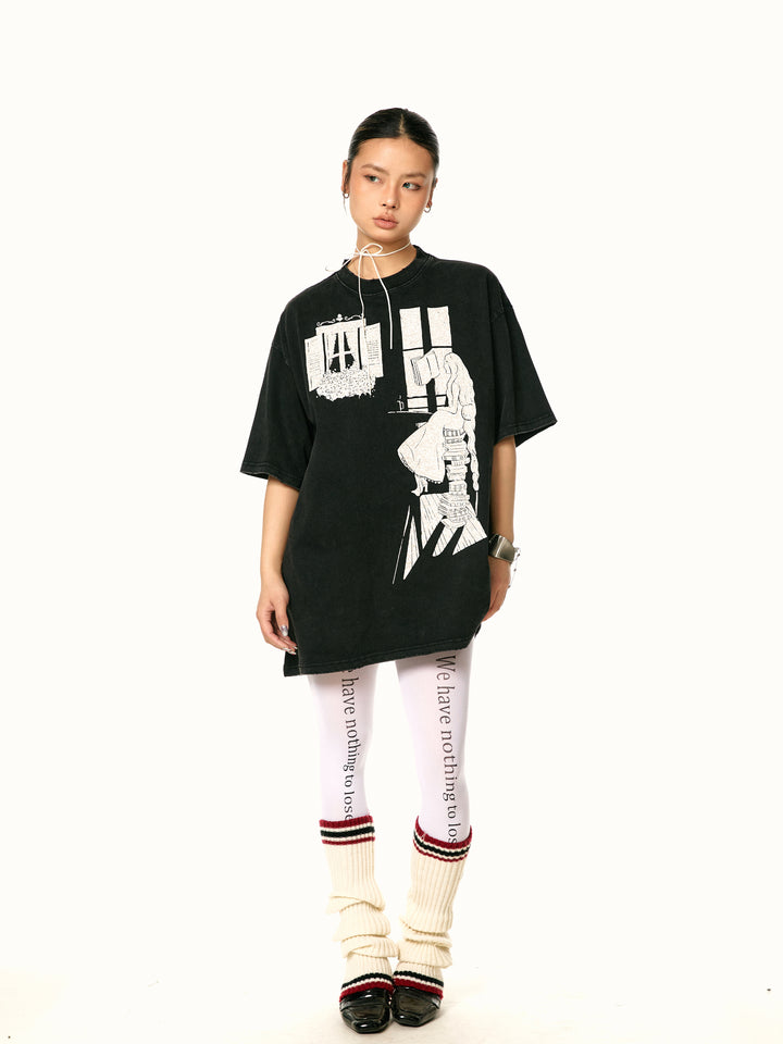 Retro Graphic Oversized Turtleneck T-Shirt