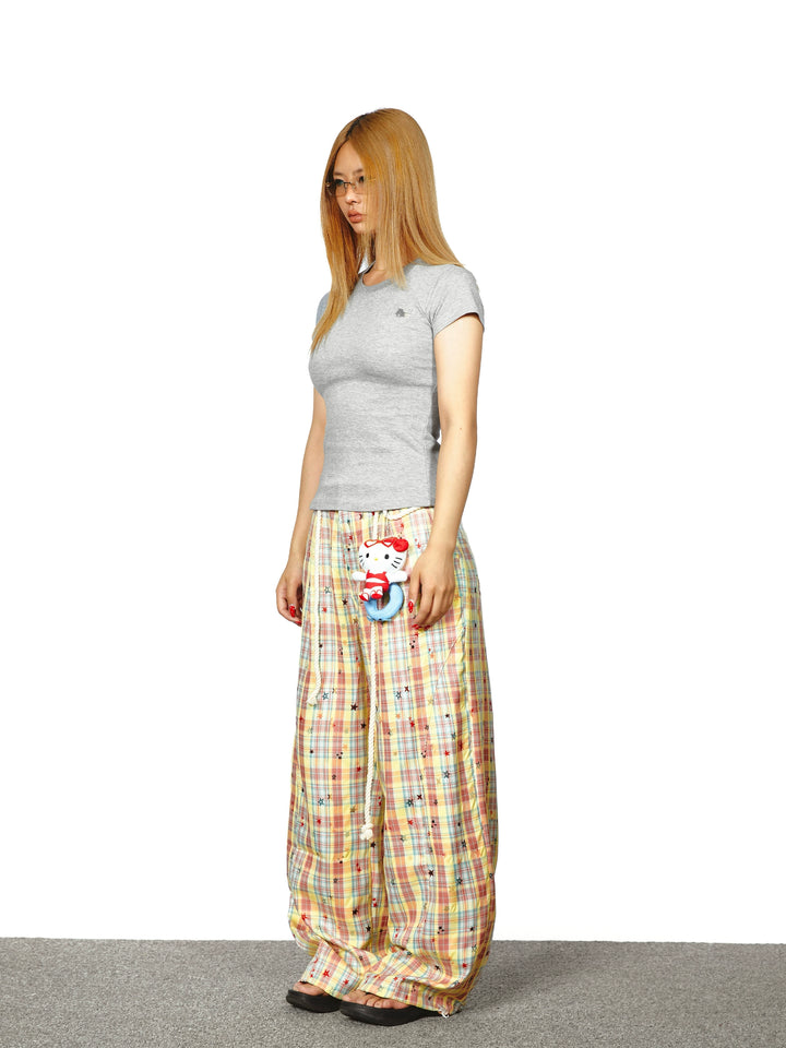 Star Print Plaid Wide-Leg Pants