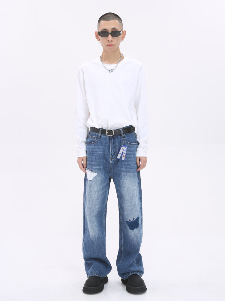 나비 자수 루즈 스트레이트 진 