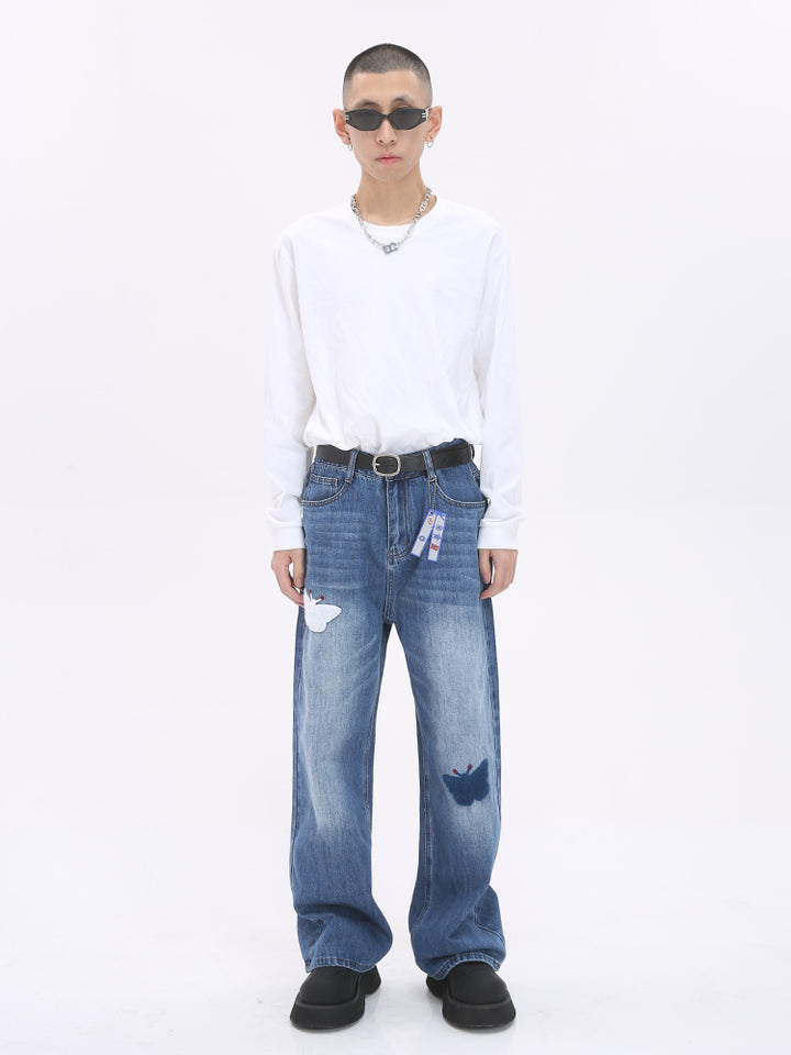 나비 자수 루즈 스트레이트 진 