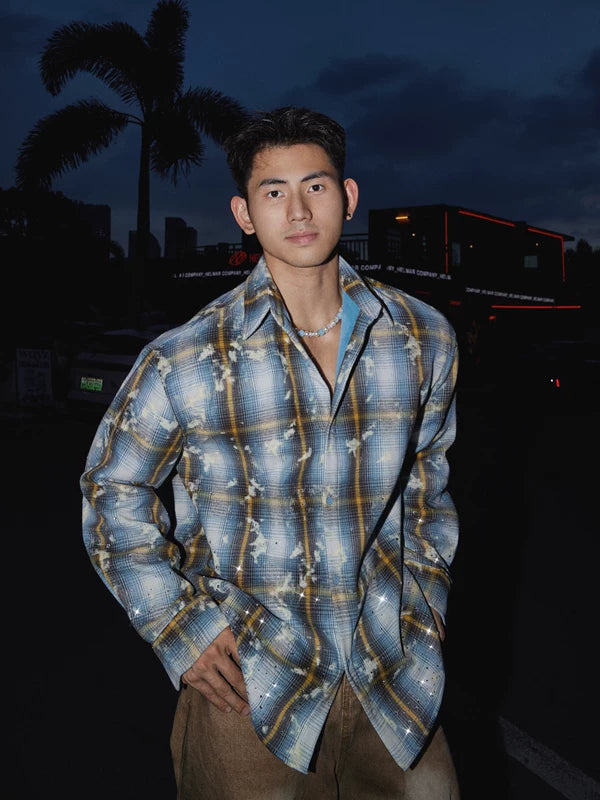 Рубашка с длинным рукавом из бархата в клетку с стразами 