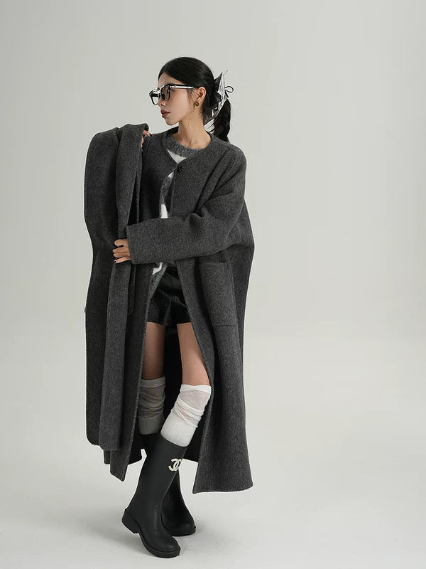 Long Wool Cape-Style Overcoat with scarf
