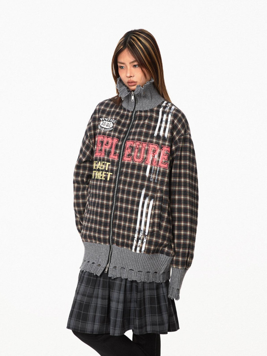 Plaid Stand-Up Collar Knitted Jacket
