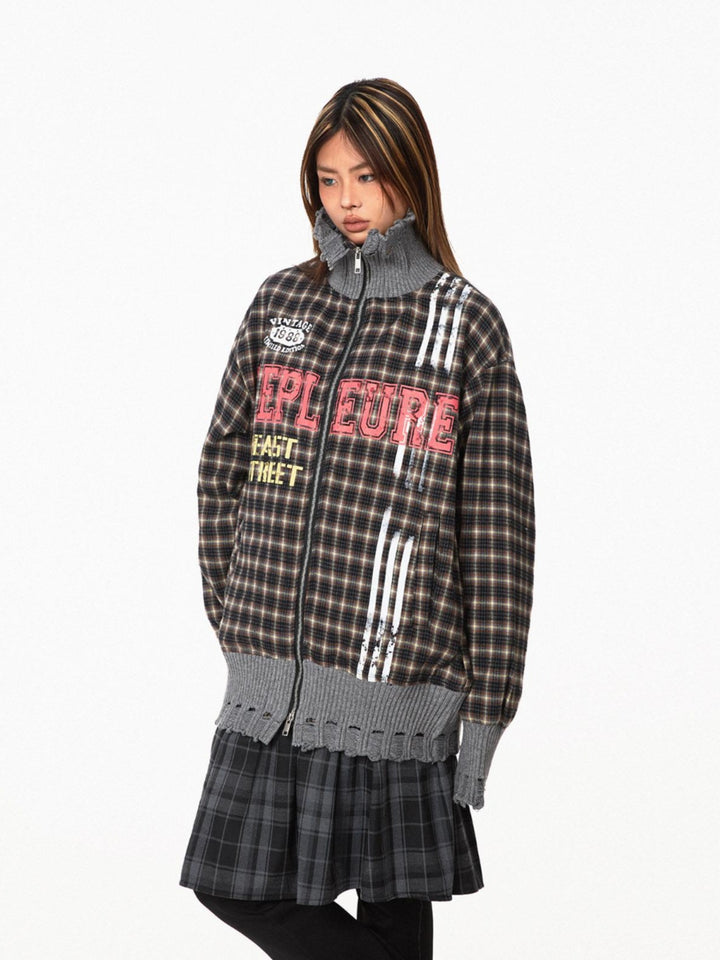 Plaid Stand-Up Collar Knitted Jacket