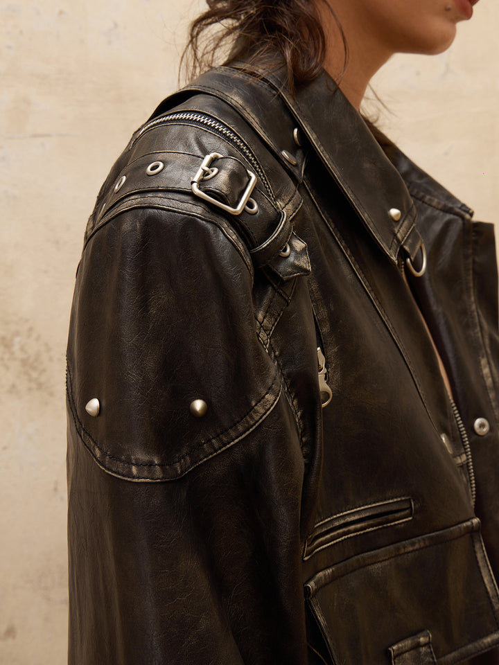 Retro Punk Metallische Lederjacke 