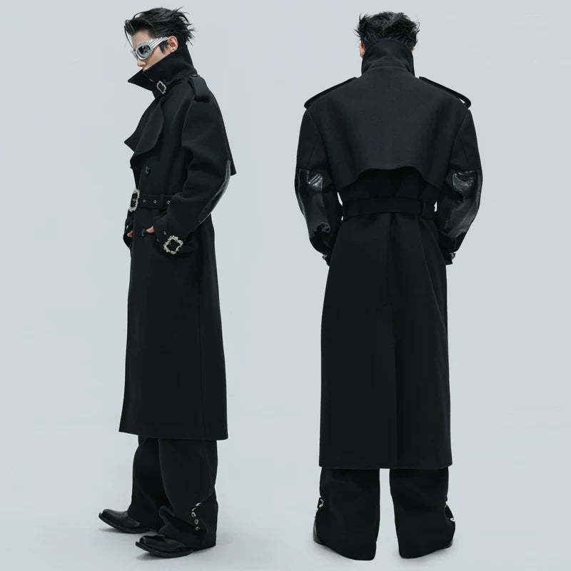 Crocodile-Patterned Wool Long Trench Coat