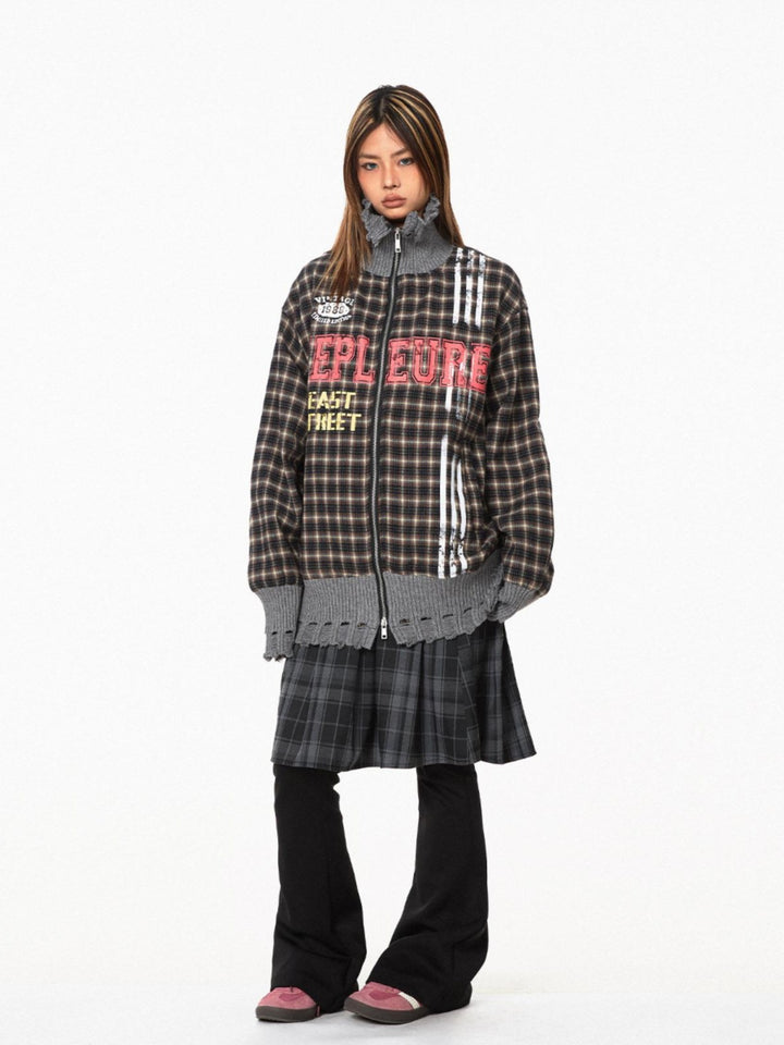 Plaid Stand-Up Collar Knitted Jacket